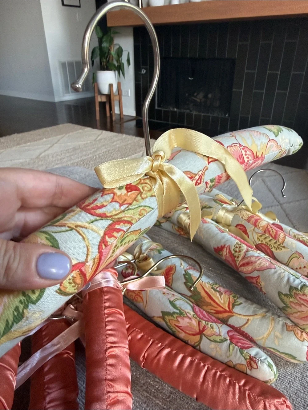 Fabric Padded Floral and Coral Satin Hangers - Set